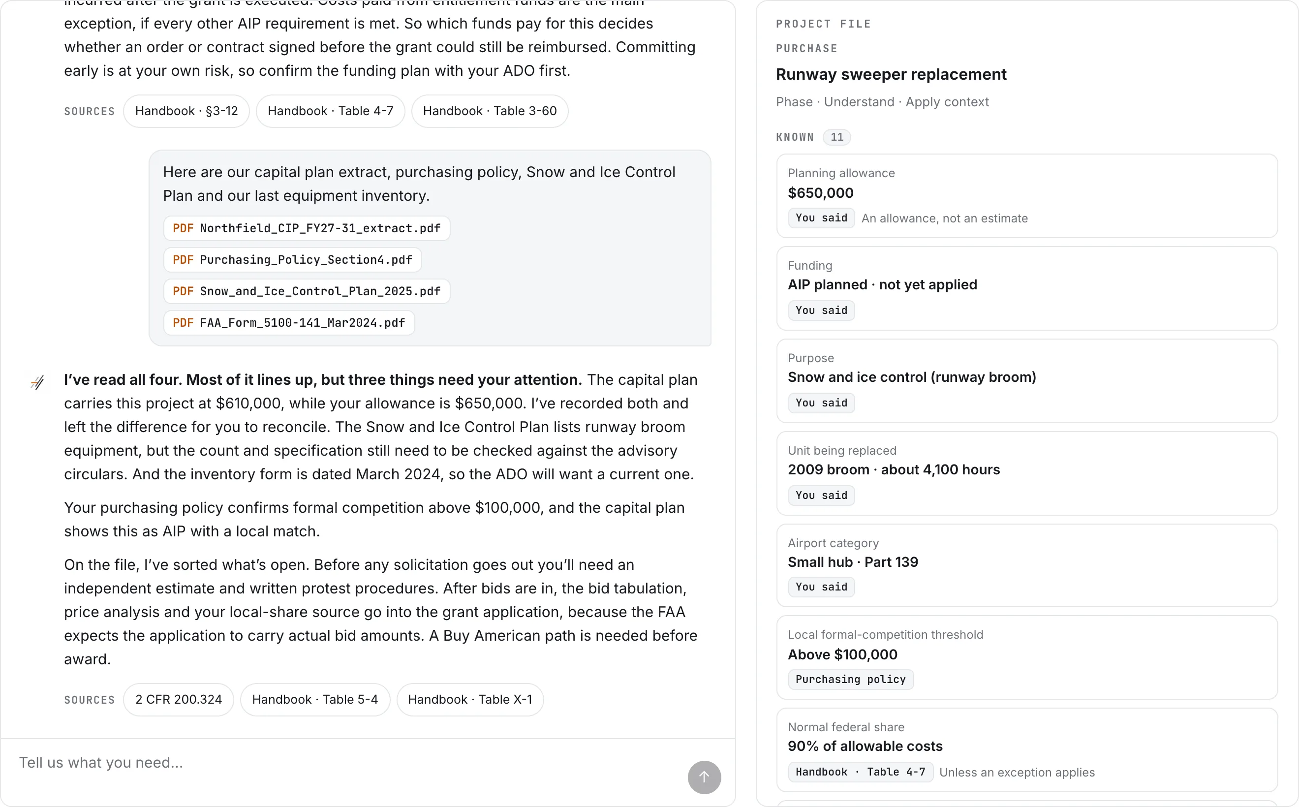 TarmacSync reading four airport documents and flagging that the capital plan carries $610,000 while the allowance is $650,000, beside the project file it is building.